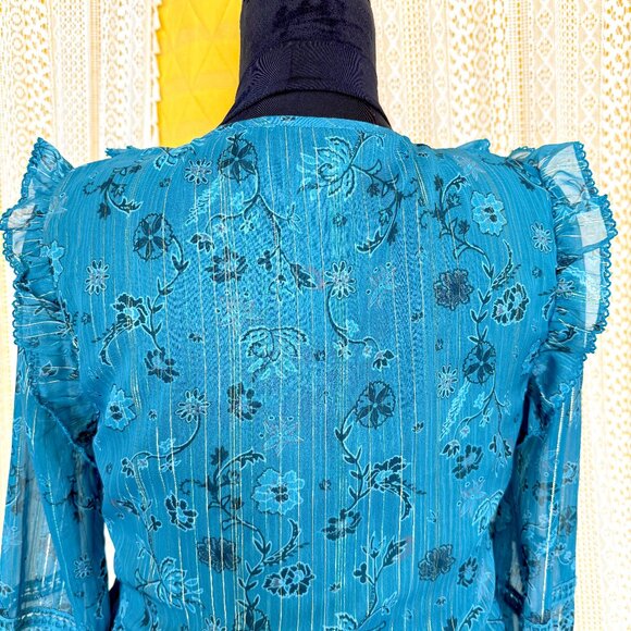 Cleobella Teal & Gold Metallic Floral Ruffle Long Sleeve Chiffon Blouse Size L - Picture 9 of 15